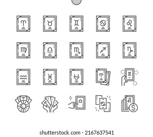 Horoscope cards. Mystic and magic. Aries, taurus, gemini, cancer, leo and other. Astrology, mythology, esoteric. Pixel Perfect Vector Thin Line Icons. Simple Minimal Pictogram