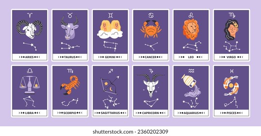 Tarjetas de horóscopo establecidas. Signos astrológicos de zodiaco. Esotética, astrología y constelaciones. Escorpio, Capricornio, Libra y Gemini. Colección vectorial plana de dibujos animados aislada sobre fondo violeta