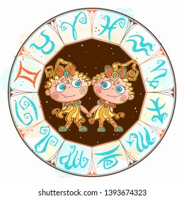 Horoscope for children sign Gemini in the zodiac circle. Vector.