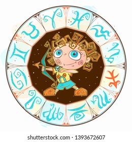 Horoscope for children sign Saggitarius in the zodiac circle. Vector. 