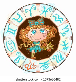 Horoscope for children sign Virgo in the zodiac circle. Vector.