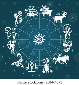 Horoscope circle against the stellar sky. Zodiac signs. Simulation of rock paintings.