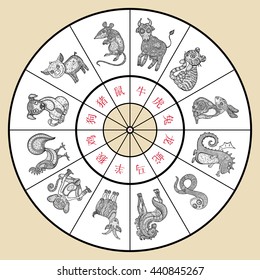 Horoscope circle. Chinese zodiac signs. Hand drawn illustration, cartoon style. Vector animals set.