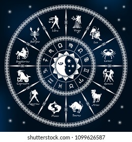 Horoscope circle on a dark blue background.Circle with signs of zodiac.Vector illustration