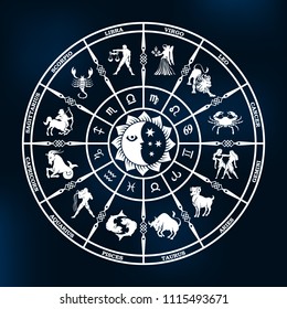 Horoscope circle on a dark blue background.Circle with signs of zodiac.Vector illustration