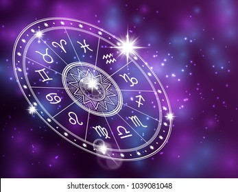 Horoscope circle on shiny backgroung - space backdrop with white astrology circle. Horoscope zodiac, symbols of aries and aquarius, sagittarius and scorpio, pisces and libra. Vector illustration