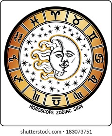 The  Horoscope circle with signs and of the zodiac. Inside the symbol of the sun and moon with stars. Retro style. Vector illustration