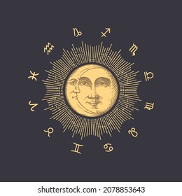 Horoscope circle with Sun and Crescent, vector drawing in engraving style. Zodiac Wheel with astrological symbols, hand drawn illustration on black background.