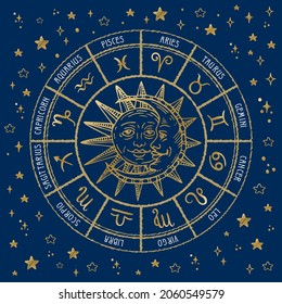 Horoscope circle with sun,moon,star and zodiac signs