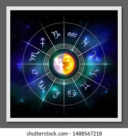 Horoscope circle with twelve zodiac signs. Silver metal zodiac symbols on blurred cosmic background. Horoscope element with star signs. Fortune telling and astrology predictions vector illustration.