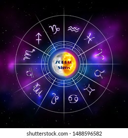 Horoscope circle with twelve zodiac signs. Silver metal zodiac symbols on blurred cosmic background. Horoscope calendar with star signs. Fortune telling and astrology predictions vector illustration.