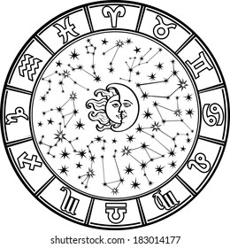 The Horoscope circle with  Zodiac signs and constellations of the zodiac.Inside the symbol of the sun and moon.Retro style.Black and white colors.Vector illustration