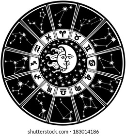 The Horoscope circle with  Zodiac signs and constellations of the zodiac.Inside the symbol of the sun and moon.Retro style.Black and white colors.Vector illustration