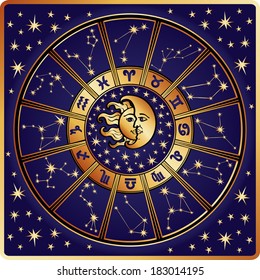 The Horoscope circle with  Zodiac signs and constellations of the zodiac.Inside the symbol of the sun and moon.Retro style.Vector illustration