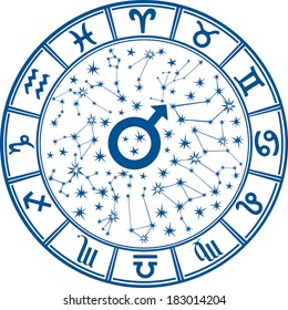 The Horoscope circle with  Zodiac signs and constellations of the zodiac.Inside the symbol of the male sign.Mans Horoscope.Vector illustration