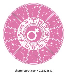Horoscope circle Zodiac signs and constellations of the zodiac.Inside the symbol of gender character.Design for women.Pink and white colors.Vector illustration