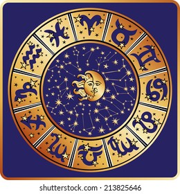 Horoscope circle with  Zodiac signs and constellations of the zodiac,moon and sun faces.Inside are text and stars.Gold round on blue background.Retro style.Vector illustration