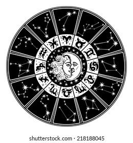 The Horoscope circle with  Zodiac signs and constellations of the zodiac.Inside the symbol of the sun and moon.Retro style.Black and white colors.Vector illustration