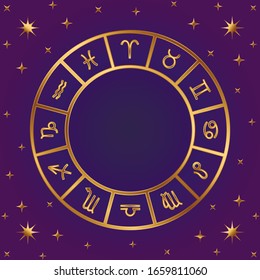 Horoscope circle. Zodiac signs frame. 12 symbols. Aries, taurus, gemini, cancer, leo, virgo, libra, scorpius, sagittarius, capricorn, aquarius, pisces.