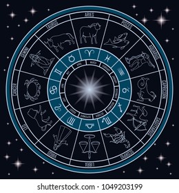 horoscope circle with zodiac signs on blue background with stars