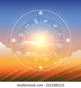 Horoscope Circle of Zodiac Signs on Wild Nature Landscape Background. Vector illustration.