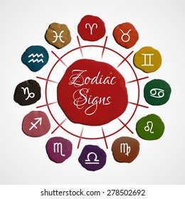 Horoscope circle with Zodiac signs on color background. Plasticine modeling. Vector illustration