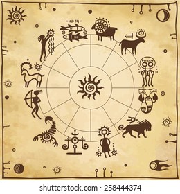 Horoscope circle. Zodiac signs. Simulation of rock paintings. Background old paper.