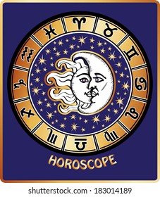 The Horoscope circle with  Zodiac signs ,stars and symbol of the sun and moon.Retro style.Vector illustration