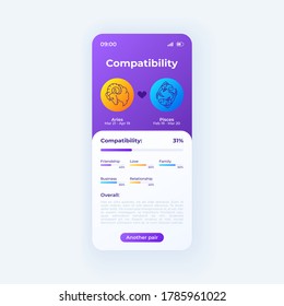 Horoscope compatibility app smartphone interface vector template. Mobile app page day mode design layout. Zodiac sign match screen. Flat UI for application. Aries and pisces signs on phone display