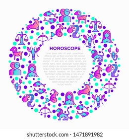 Horoscope concept in circle with thin line icons of zodiac signs and copy space: capricorn, aquarius, aries, pisces, virgo, libra, scorpio, sagittarius, taurus, gemini, leo. Modern vector illustration