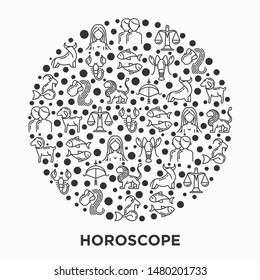 Horoscope concept in circle with thin line icons of zodiac signs: capricorn, aquarius, aries, pisces, virgo, libra, scorpio, sagittarius, taurus, gemini, leo. Modern vector illustration.
