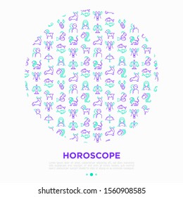 Horoscope concept in circle with thin line icons. Zodiac signs: capricorn, aquarius, aries, pisces, virgo, libra, scorpio, sagittarius, taurus, gemini, leo. Modern vector illustration.