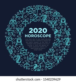 Horoscope concept in circle with thin neon line icons. Zodiac signs: capricorn, aquarius, aries, pisces, virgo, libra, scorpio, sagittarius, taurus, leo. Template with copy space. Vector illustration.