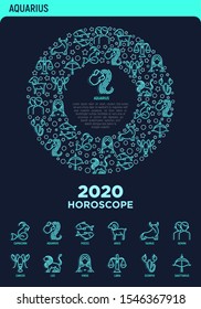 Horoscope concept in circle with thin neon line icons. Zodiac signs: capricorn, aquarius, aries, pisces, virgo, libra, scorpio, sagittarius, leo. Web page template with copy space. Vector illustration