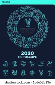 Horoscope concept in circle with thin neon line icons. Zodiac signs: capricorn, aquarius, aries, pisces, taurus, gemini, leo. Web page template with copy space. Modern vector illustration.