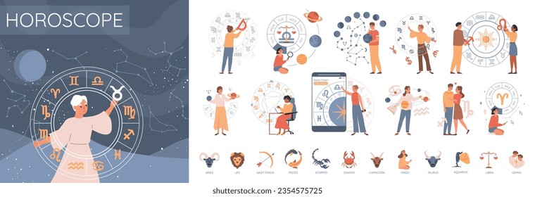 Horoscope concept set with astrology symbols flat isolated vector illustration