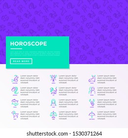 Horoscope concept with thin line icons and copy space. Zodiac signs: capricorn, aquarius, aries, pisces, virgo, libra, scorpio, sagittarius, taurus, gemini, leo. Modern vector illustration.