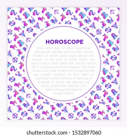 Horoscope concept with thin line icons and copy space. Zodiac signs: capricorn, aquarius, aries, pisces, virgo, libra, scorpio, sagittarius, taurus, gemini, leo. Modern vector illustration.