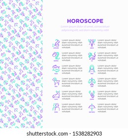 Horoscope concept with thin line icons and copy space. Zodiac signs: capricorn, aquarius, aries, pisces, virgo, libra, scorpio, sagittarius, taurus, gemini, leo. Modern vector illustration.