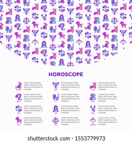 Horoscope concept with thin line icons and copy space. Zodiac signs: capricorn, aquarius, aries, pisces, virgo, libra, scorpio, sagittarius, taurus, gemini, leo. Modern vector illustration.