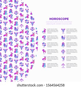 Horoscope concept with thin line icons and copy space. Zodiac signs: capricorn, aquarius, aries, pisces, virgo, libra, scorpio, sagittarius, taurus, gemini, leo. Modern vector illustration.