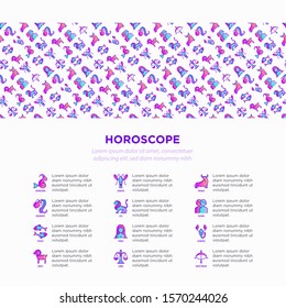 Horoscope concept with thin line icons and copy space. Zodiac signs: capricorn, aquarius, aries, pisces, virgo, libra, scorpio, sagittarius, taurus, gemini, leo. Modern vector illustration.