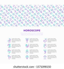 Horoscope concept with thin line icons and copy space. Zodiac signs: capricorn, aquarius, aries, pisces, virgo, libra, scorpio, sagittarius, taurus, gemini, leo. Modern vector illustration.