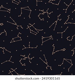 Horoscope constellation vector seamless pattern. Twelve astrological galaxy symbols in line art style on black background. Golden contour of leo, libra, gemini, capricorn, sagittarius and other