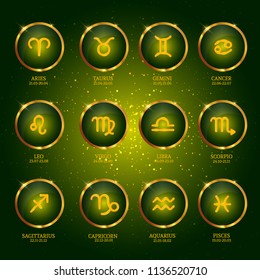 Horoscope with dates. Zodiac Icons Collection on green star background. Vector Illustration