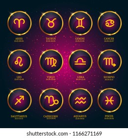 Horoscope with dates. Zodiac Icons Collection on star background. Vector Illustration