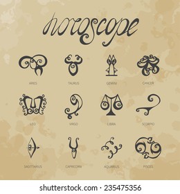 horoscope doodle icons set (stylization curls) vintage 2