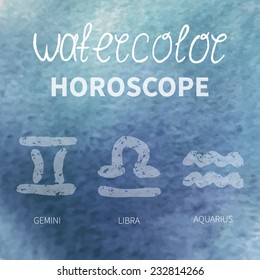 horoscope (fire sign) Gemini, Libra, Aquarius. watercolor background
