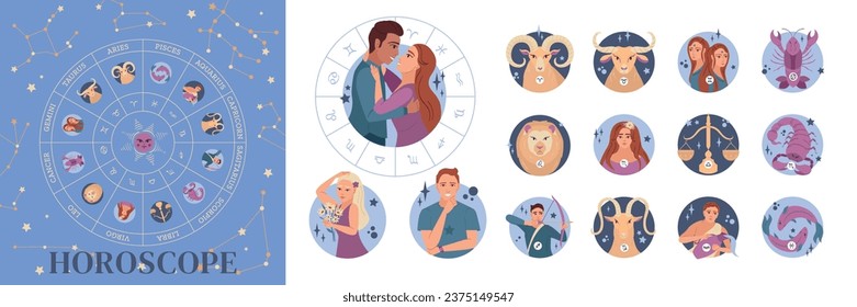 Horoscope flat composition set of zodiac sign icons isolated vector illustration