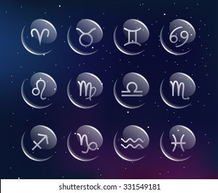 Horoscope glassy signs collection isolated on a dark starry sky background. Vector illustration